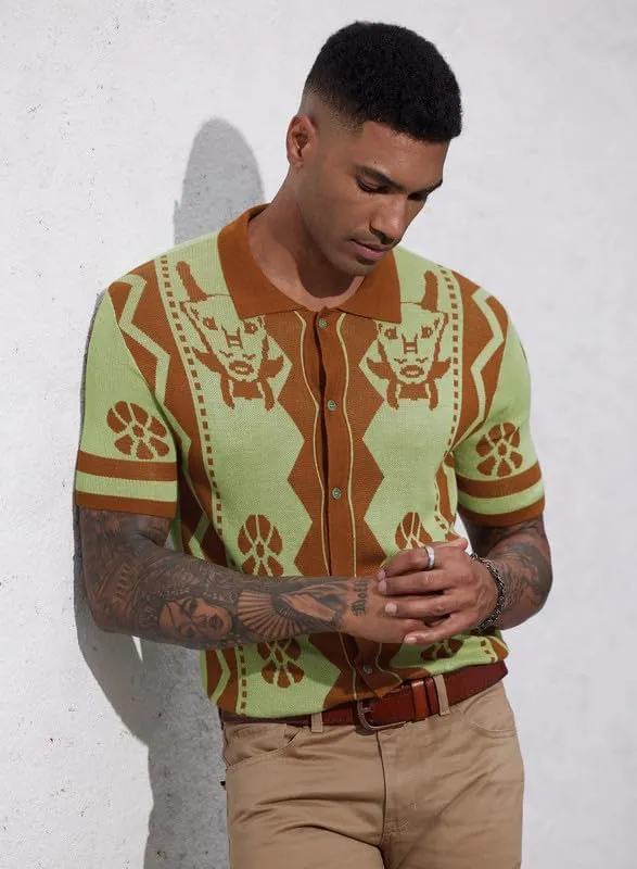 Mainfini Men's Vintage Knit Polo Shirt Casual Button Shirt (S-XXL)