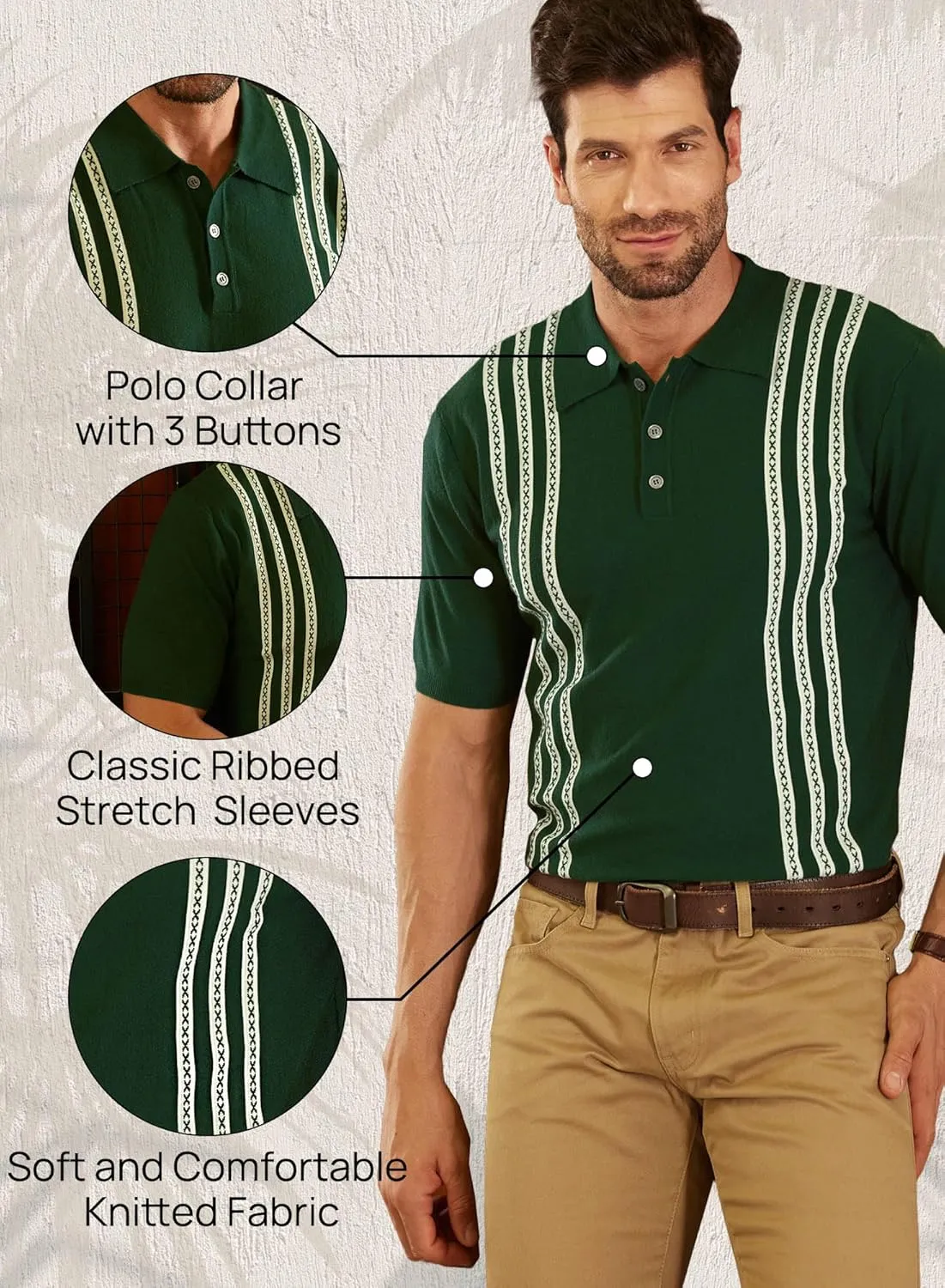 Mainfini Men's Vintage Knit Polo Shirt Casual Button Shirt (S-XXL)