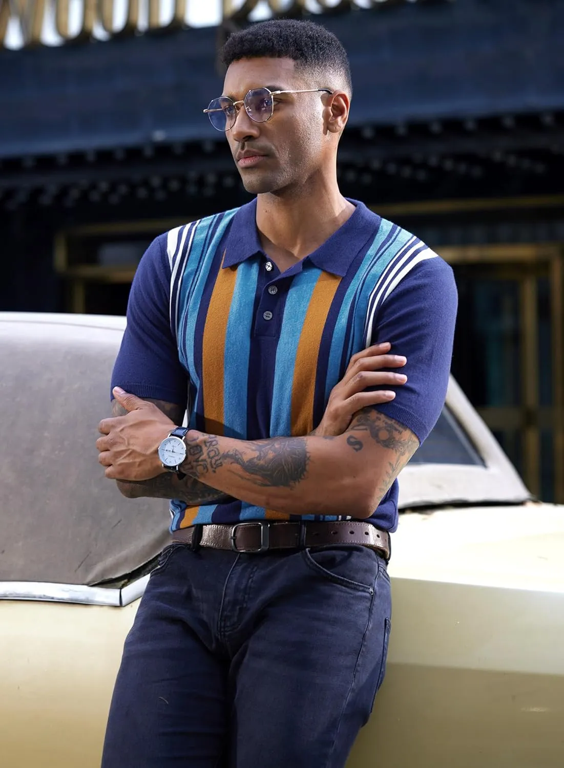 Mainfini Men's Vintage Knit Polo Shirt Casual Button Shirt (S-XXL)