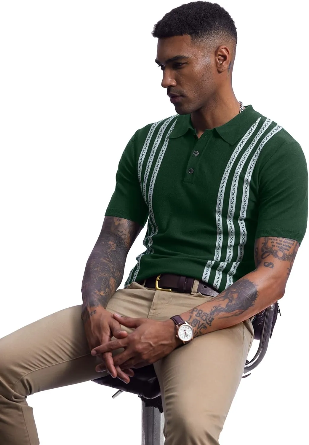 Mainfini Men's Vintage Knit Polo Shirt Casual Button Shirt (S-XXL)