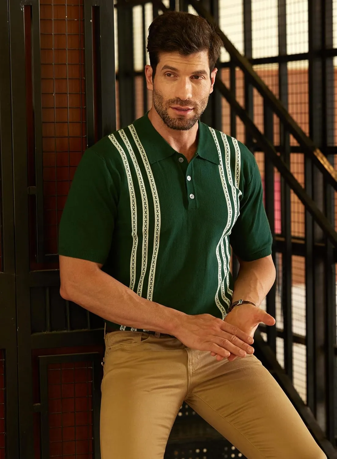 Mainfini Men's Vintage Knit Polo Shirt Casual Button Shirt (S-XXL)
