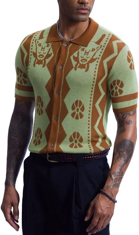 Mainfini Men's Vintage Knit Polo Shirt Casual Button Shirt (S-XXL)