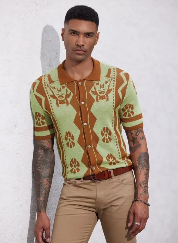 Mainfini Men's Vintage Knit Polo Shirt Casual Button Shirt (S-XXL)