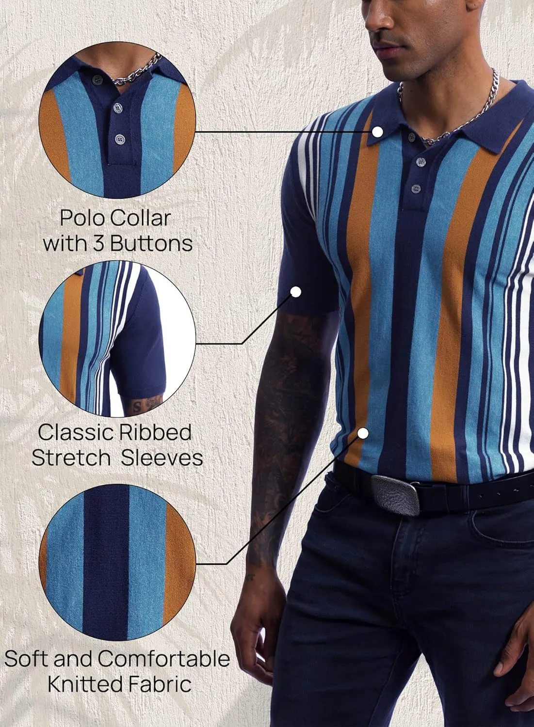 Mainfini Men's Vintage Knit Polo Shirt Casual Button Shirt (S-XXL)