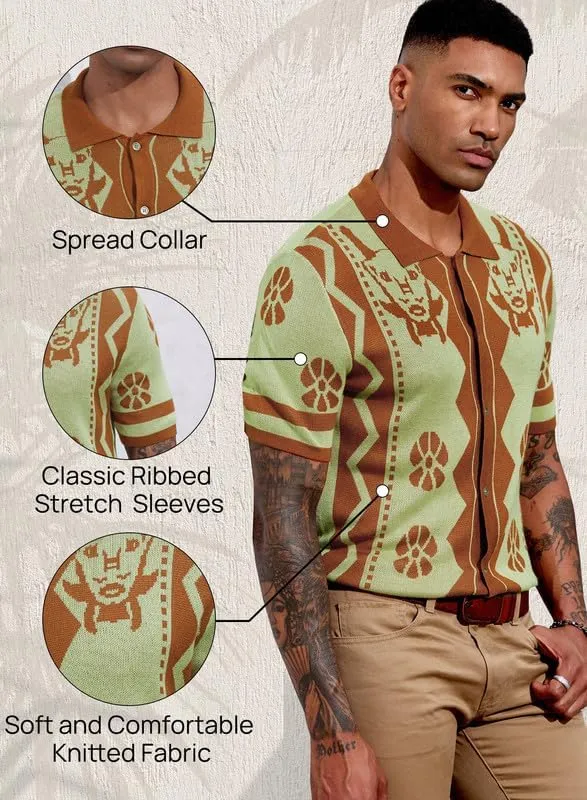 Mainfini Men's Vintage Knit Polo Shirt Casual Button Shirt (S-XXL)