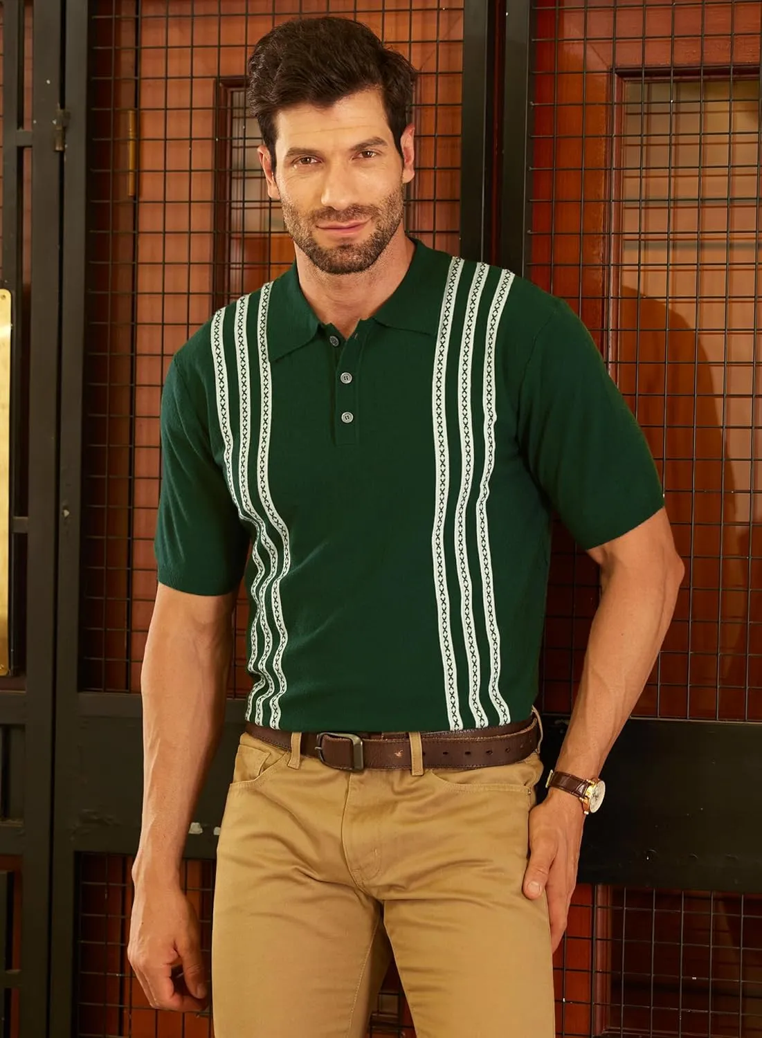 Mainfini Men's Vintage Knit Polo Shirt Casual Button Shirt (S-XXL)