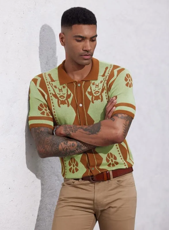 Mainfini Men's Vintage Knit Polo Shirt Casual Button Shirt (S-XXL)