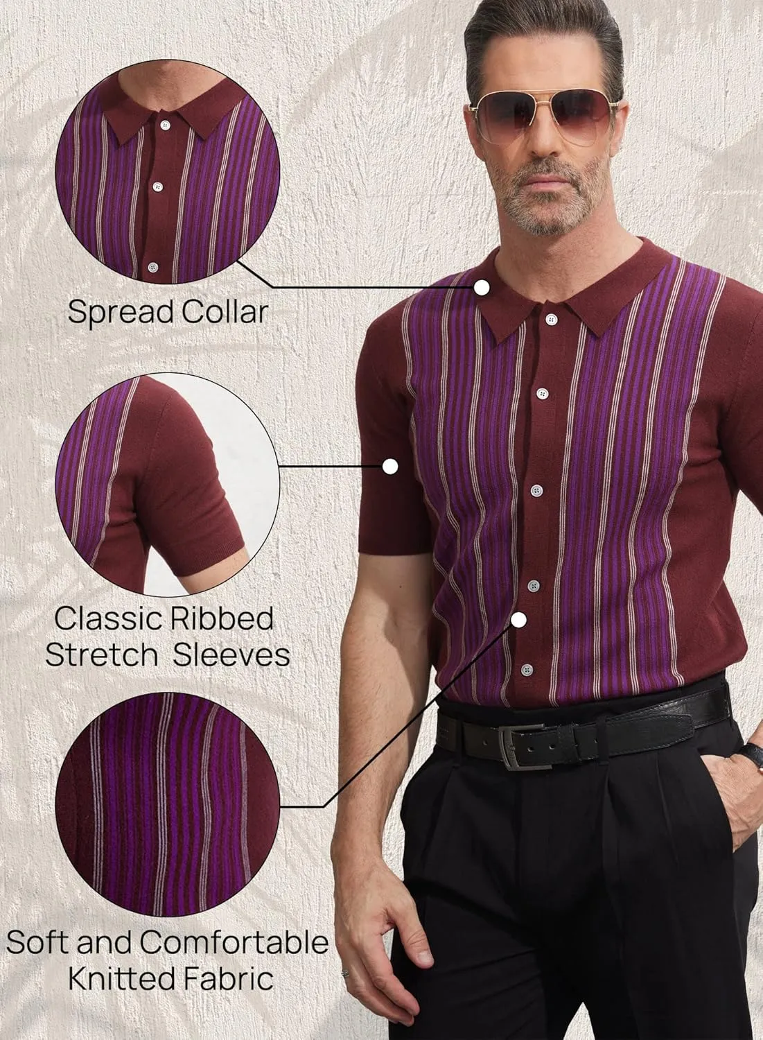 Mainfini Men's Vintage Knit Polo Shirt Casual Button Shirt (S-XXL)
