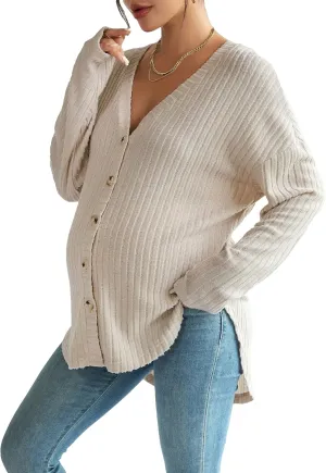 MakeMeChic Women's Maternity Long Sleeve Shirt Knit Nursing Tee Tops Button Down Shirt