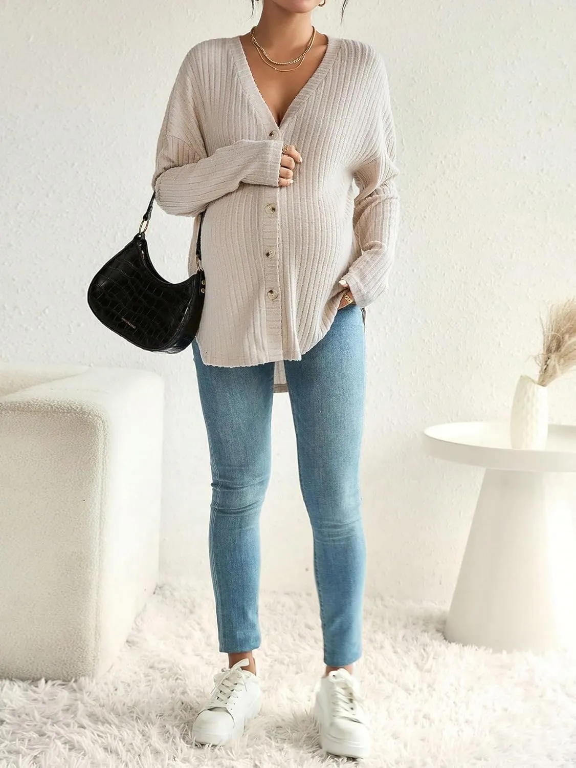 MakeMeChic Women's Maternity Long Sleeve Shirt Knit Nursing Tee Tops Button Down Shirt