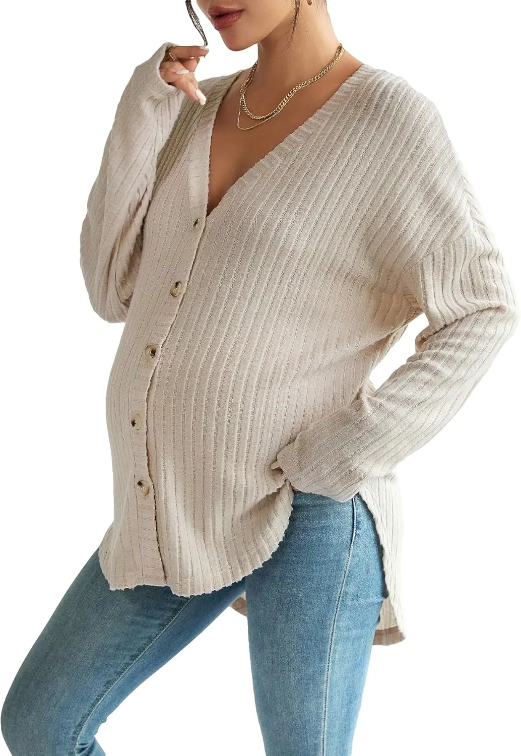 MakeMeChic Women's Maternity Long Sleeve Shirt Knit Nursing Tee Tops Button Down Shirt