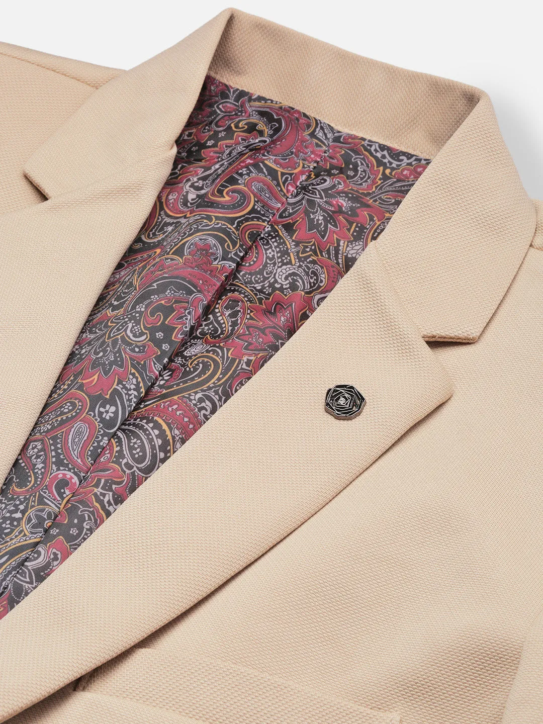 Men Beige Slim Fit Single Breasted Blazer