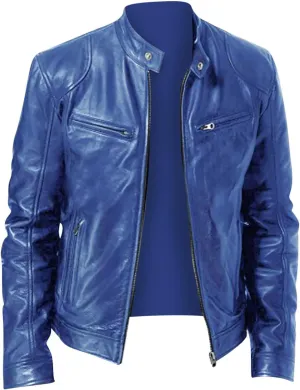 Men Faux Leather Zip Up Jacket Stand Collar Leather Motorcycle Jacket Lightweight Bomber Outwear PU Coat with Pockets