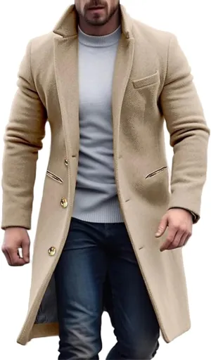 Men Trench Coat Fall Winter Single Breasted Pea Jacket Overcoat Vintage Graphic Wool Blend Formal Coats Warm Soft Tops