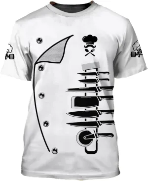 Mens 3D Print Chef T-Shirt Short Sleeve Chef Coat Chef Jacket Pattern Quick Dry Cook Shirt BBQ Shirt