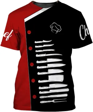 Mens 3D Print Chef T-Shirt Short Sleeve Chef Coat Chef Jacket Pattern Quick Dry Cook Shirt BBQ Shirt