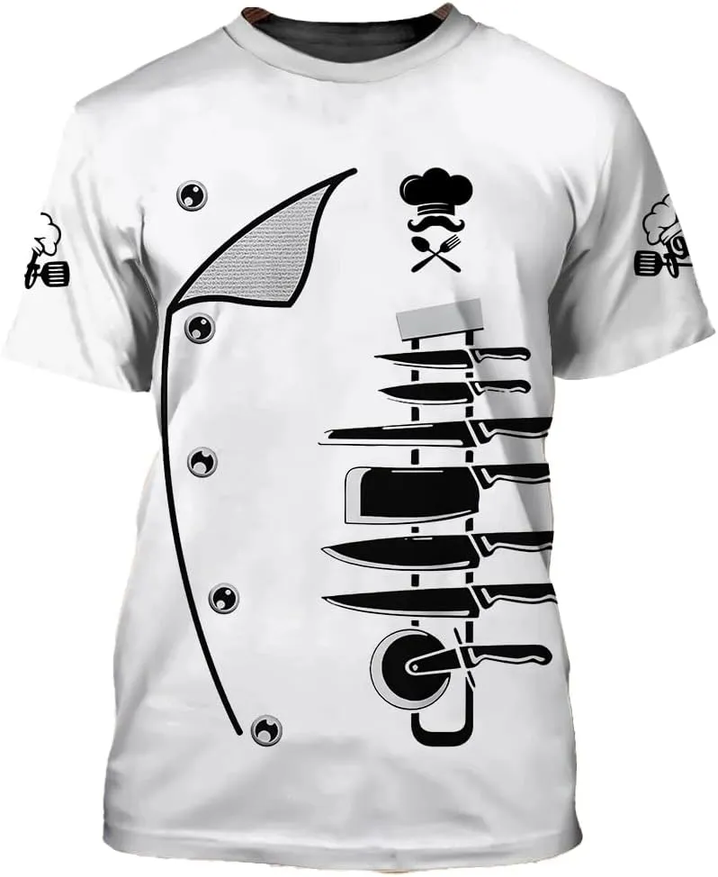 Mens 3D Print Chef T-Shirt Short Sleeve Chef Coat Chef Jacket Pattern Quick Dry Cook Shirt BBQ Shirt