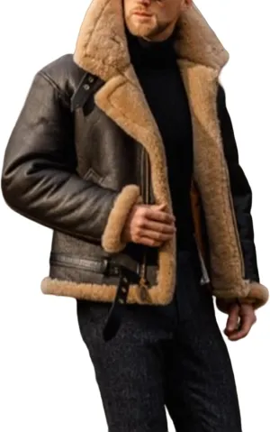 Men's Aviator Flying B3 Shearling Faux Sheepskin Leather Bomber Jackets Casual Warm Winter Coats