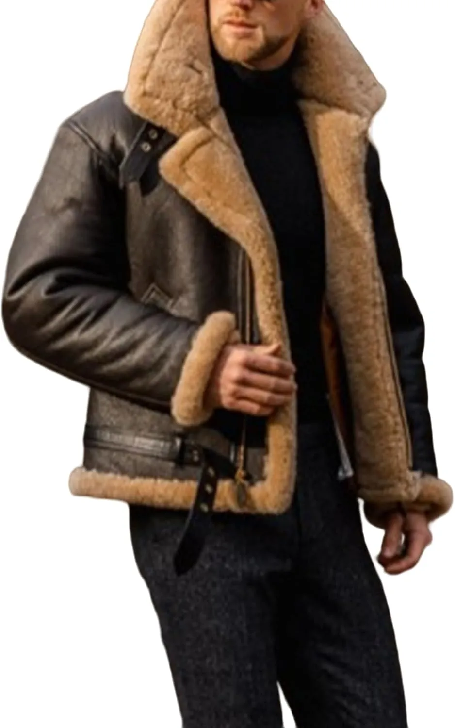 Men's Aviator Flying B3 Shearling Faux Sheepskin Leather Bomber Jackets Casual Warm Winter Coats