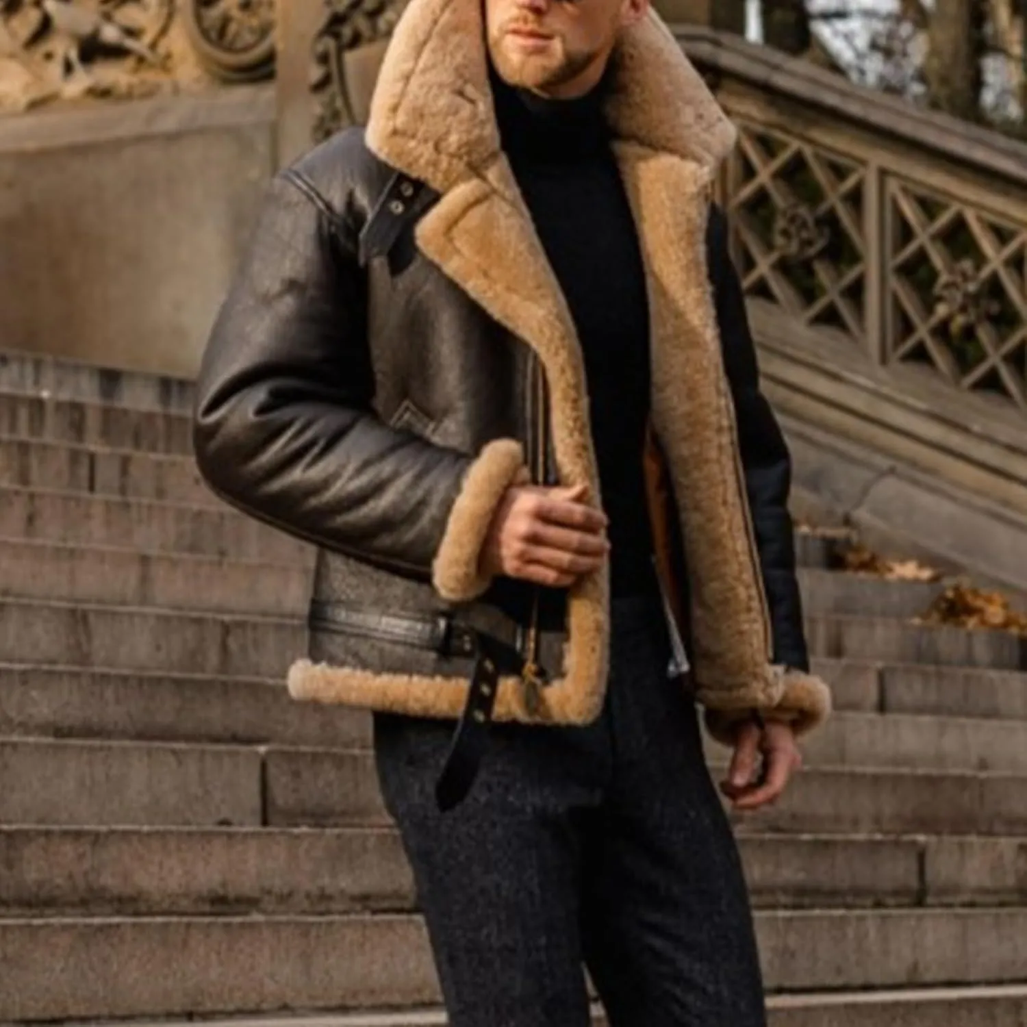 Men's Aviator Flying B3 Shearling Faux Sheepskin Leather Bomber Jackets Casual Warm Winter Coats