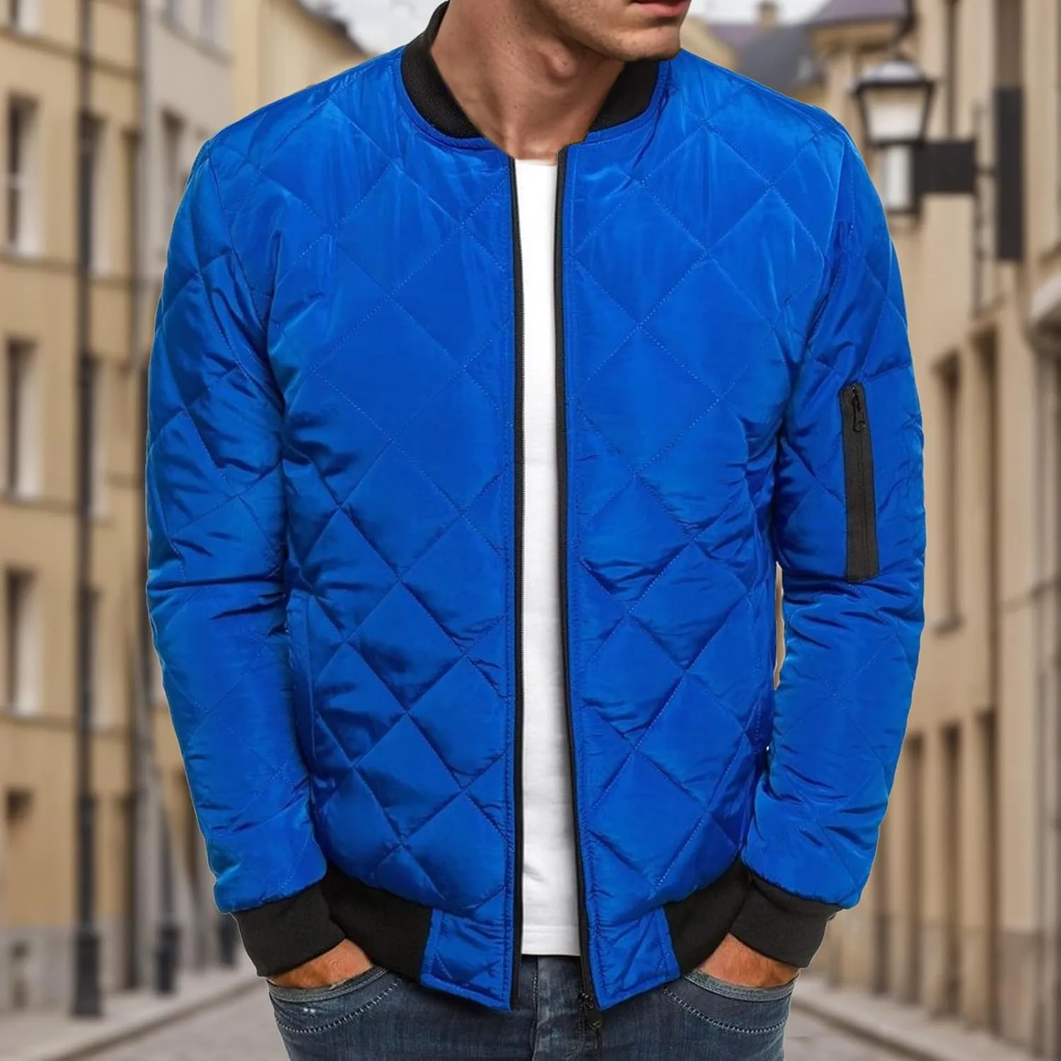 Mens Bomber Jackets Diamond Quilted Fall Winter Rib Varsity Lightweight Jacket Warm Padded Coats Outwear with Pockets