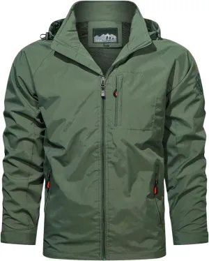 Men's Casual Jackets Full Zip Solid Wind Proof Hooded Jackets Lapel Multi Pocket Trench Coat Fall Winter Clothes Jean Jacket for Men Trendy,Green,L