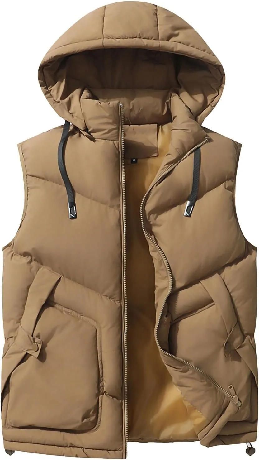 Men's Down Puffer Vest Hooded Sleeveless Jacket Zip Up Cotton Padded Waistcoat Coats with Pockets