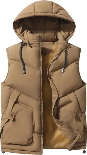 Men's Down Puffer Vest Hooded Sleeveless Jacket Zip Up Cotton Padded Waistcoat Coats with Pockets