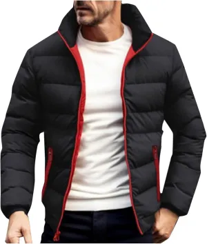 Mens Down Winter Coats Warm Puffer Jacket Stand Collar Cotton Padded Waterproof Outerwear with Zipper Pockets