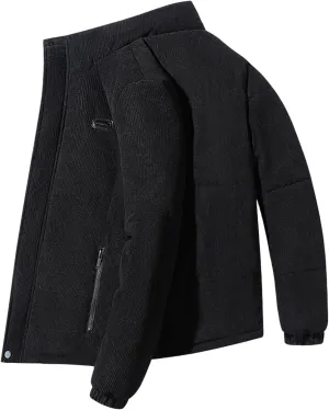 Men's Fashion Corduroy Cotton Padded Jackets Zipper Lapel Long Sleeve Coats Business Loose Warm Fall Winter Tops