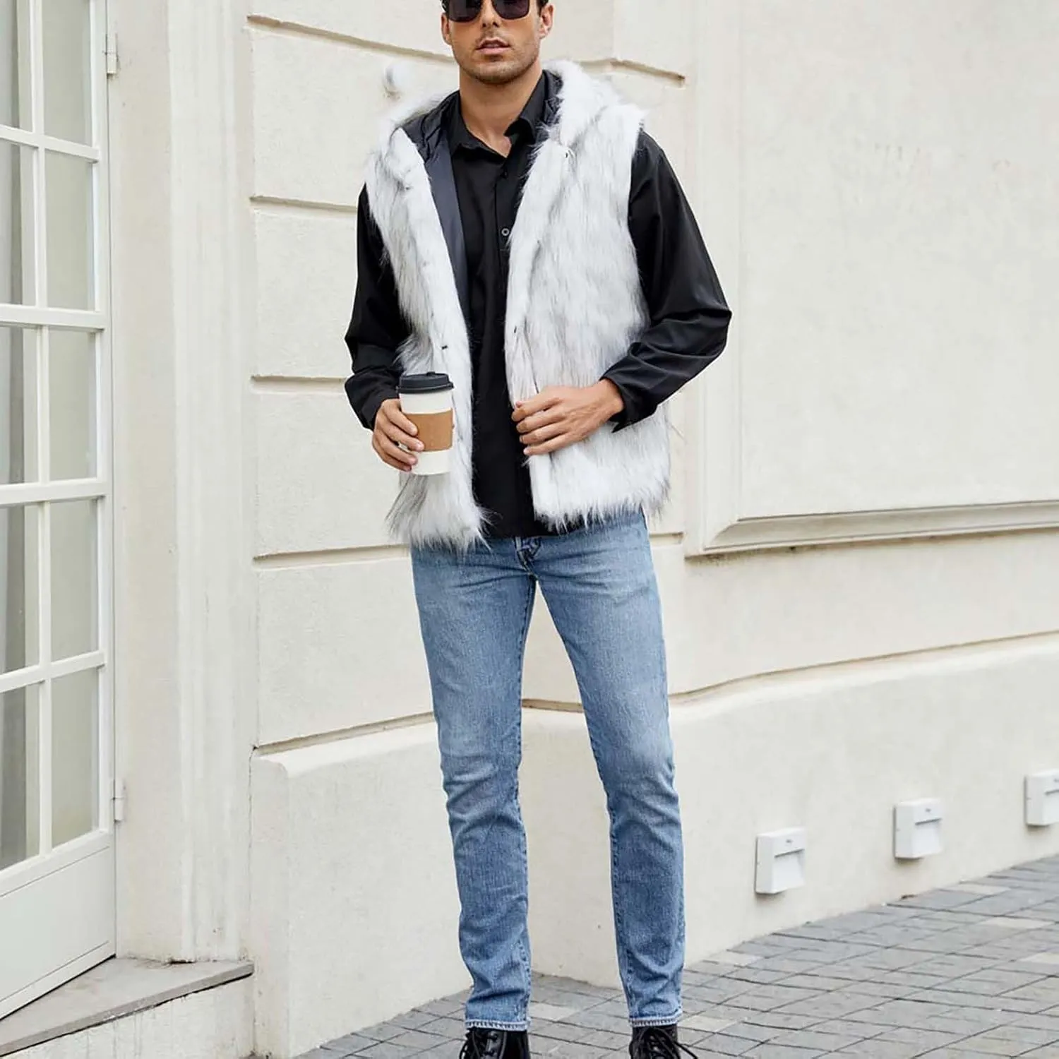 Mens Faux Fur Vest Open Front Sleeveless Hooded Cardigan Fluffy Plush Winter Fashion Faux Fur Hoodie Jackets