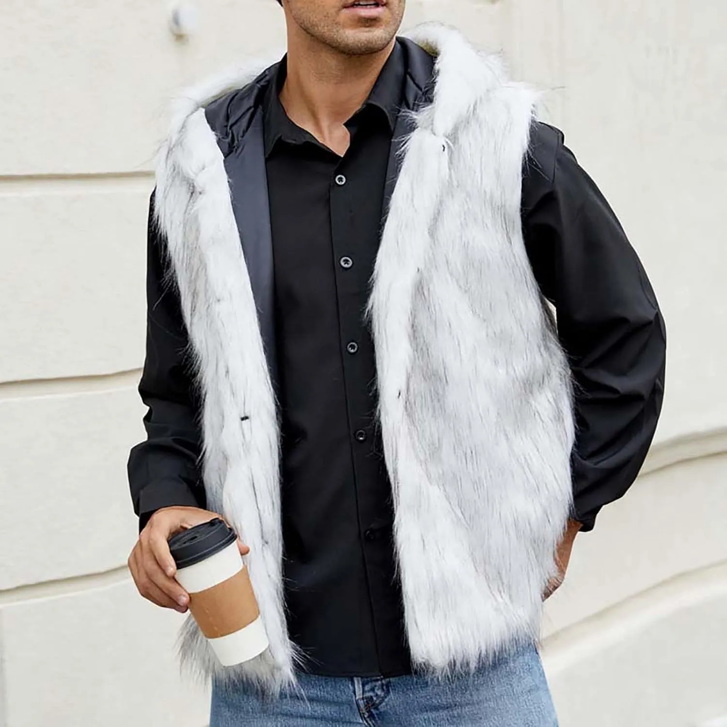 Mens Faux Fur Vest Open Front Sleeveless Hooded Cardigan Fluffy Plush Winter Fashion Faux Fur Hoodie Jackets