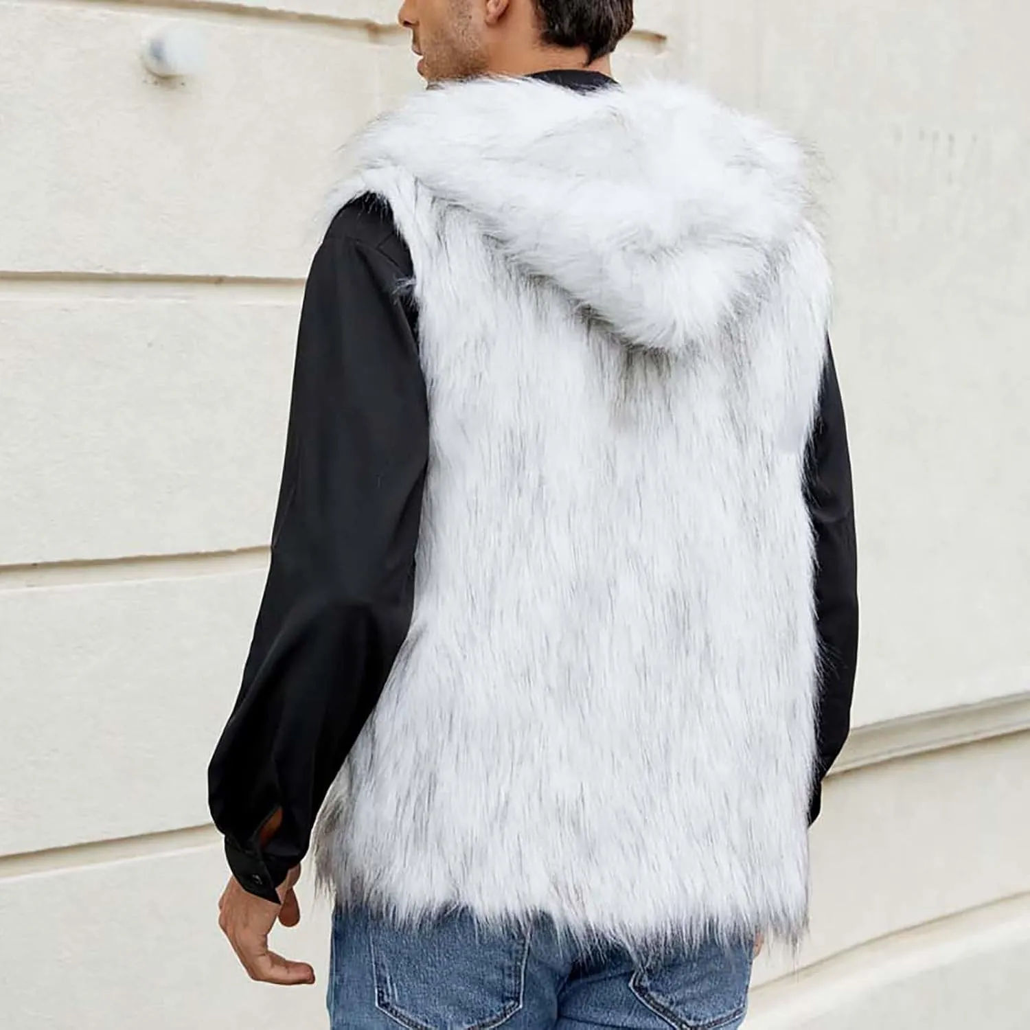 Mens Faux Fur Vest Open Front Sleeveless Hooded Cardigan Fluffy Plush Winter Fashion Faux Fur Hoodie Jackets