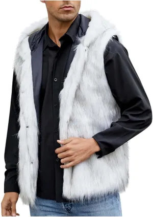 Mens Faux Fur Vest Open Front Sleeveless Hooded Cardigan Fluffy Plush Winter Fashion Faux Fur Hoodie Jackets
