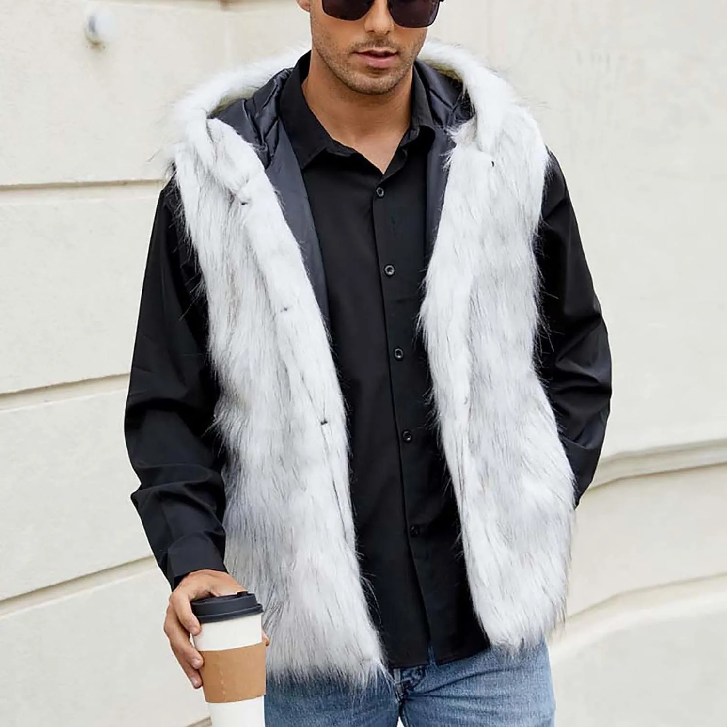 Mens Faux Fur Vest Open Front Sleeveless Hooded Cardigan Fluffy Plush Winter Fashion Faux Fur Hoodie Jackets