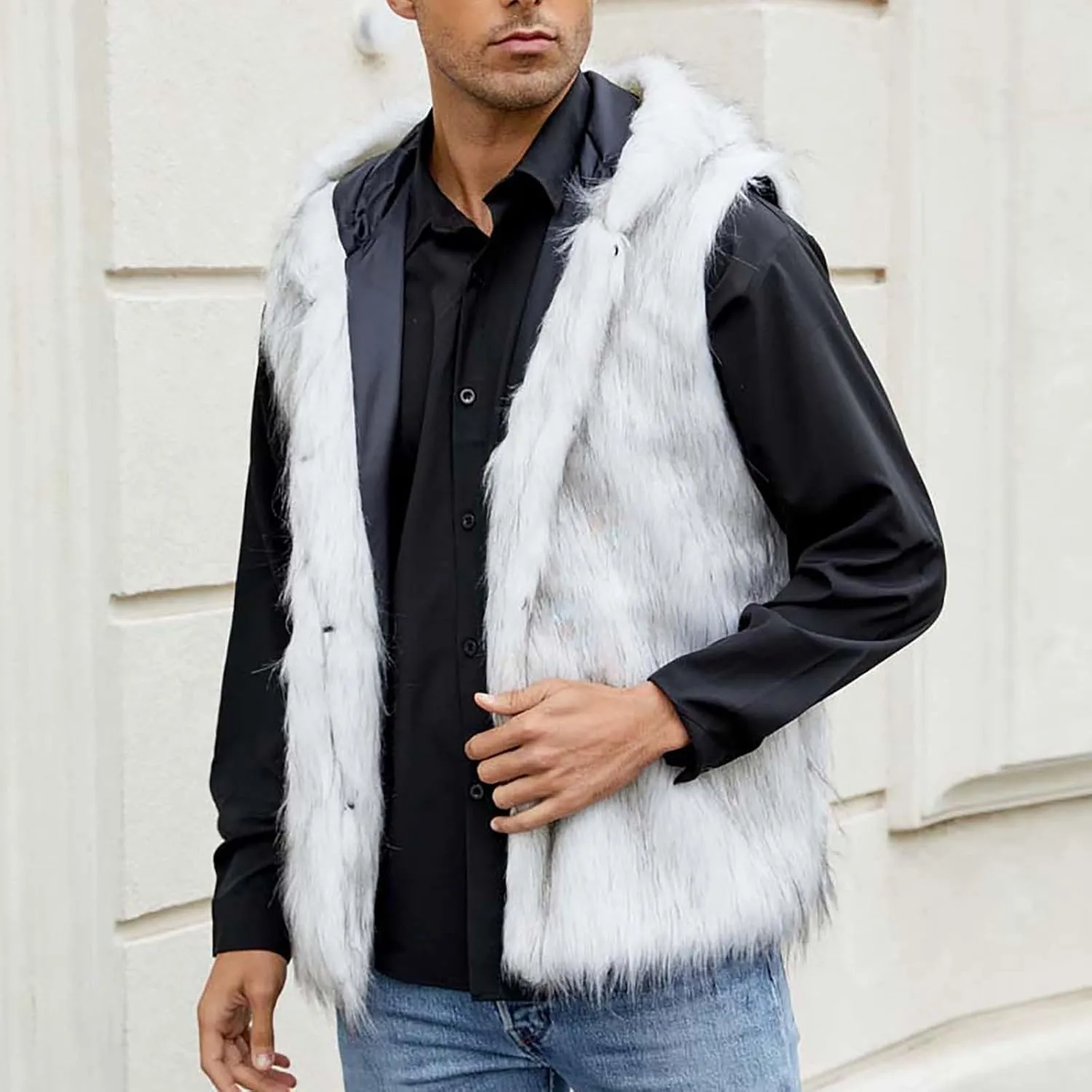 Mens Faux Fur Vest Open Front Sleeveless Hooded Cardigan Fluffy Plush Winter Fashion Faux Fur Hoodie Jackets