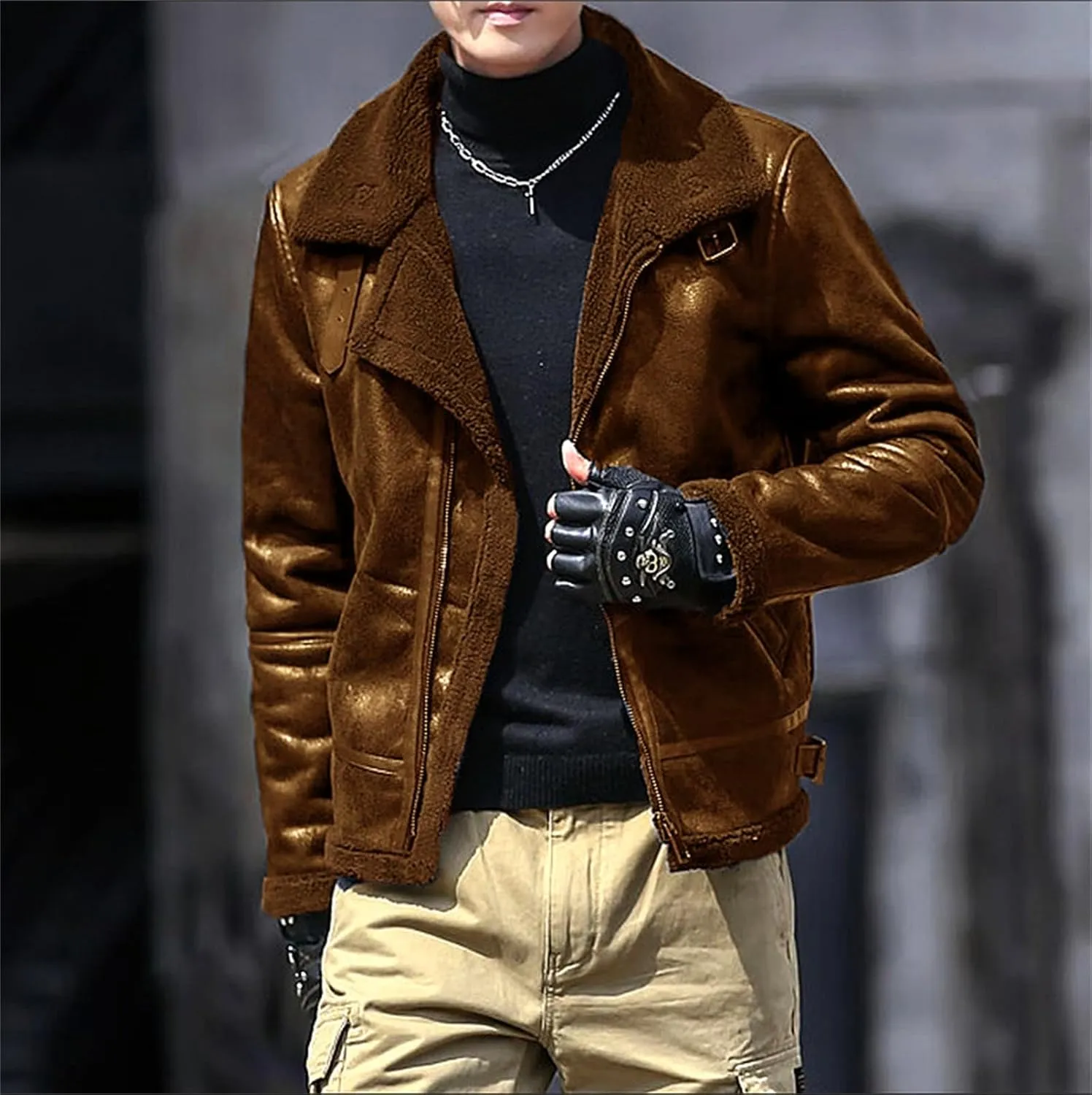 Men's Faux Leather Bomber Jacket Fleece Lined Motorcycle Jacket Waterproof Windproof Suede Moto Vintage Jackets Men