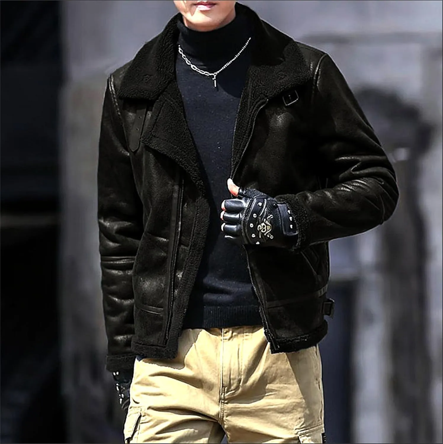 Men's Faux Leather Bomber Jacket Fleece Lined Motorcycle Jacket Waterproof Windproof Suede Moto Vintage Jackets Men