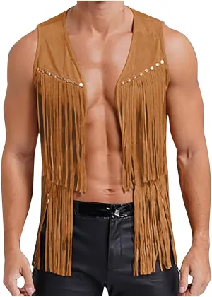 Men's Faux Suede Vest V Neck Fringe Sleeveless Western Cowboy Open Front Vest Party Club Waistcoat Jacket Tops