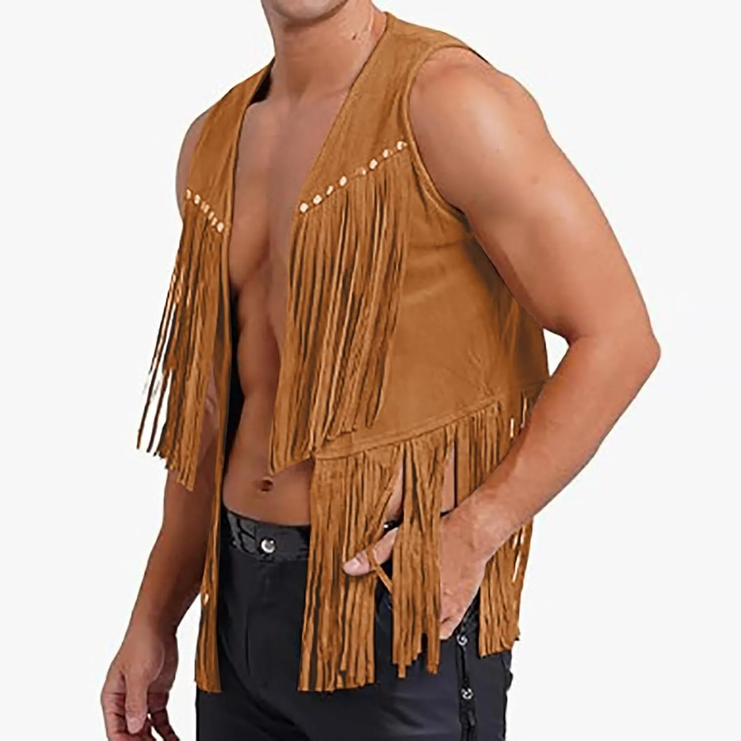 Men's Faux Suede Vest V Neck Fringe Sleeveless Western Cowboy Open Front Vest Party Club Waistcoat Jacket Tops