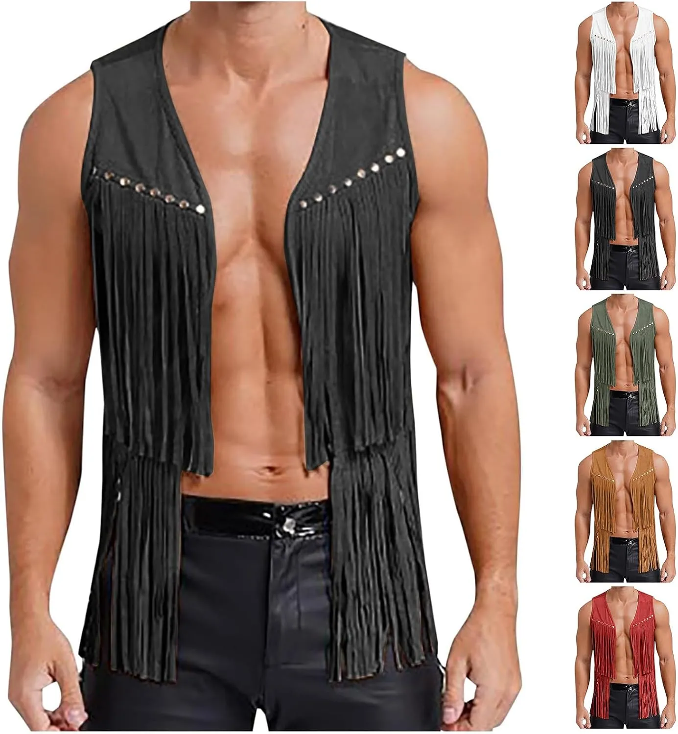 Men's Faux Suede Vest V Neck Fringe Sleeveless Western Cowboy Open Front Vest Party Club Waistcoat Jacket Tops