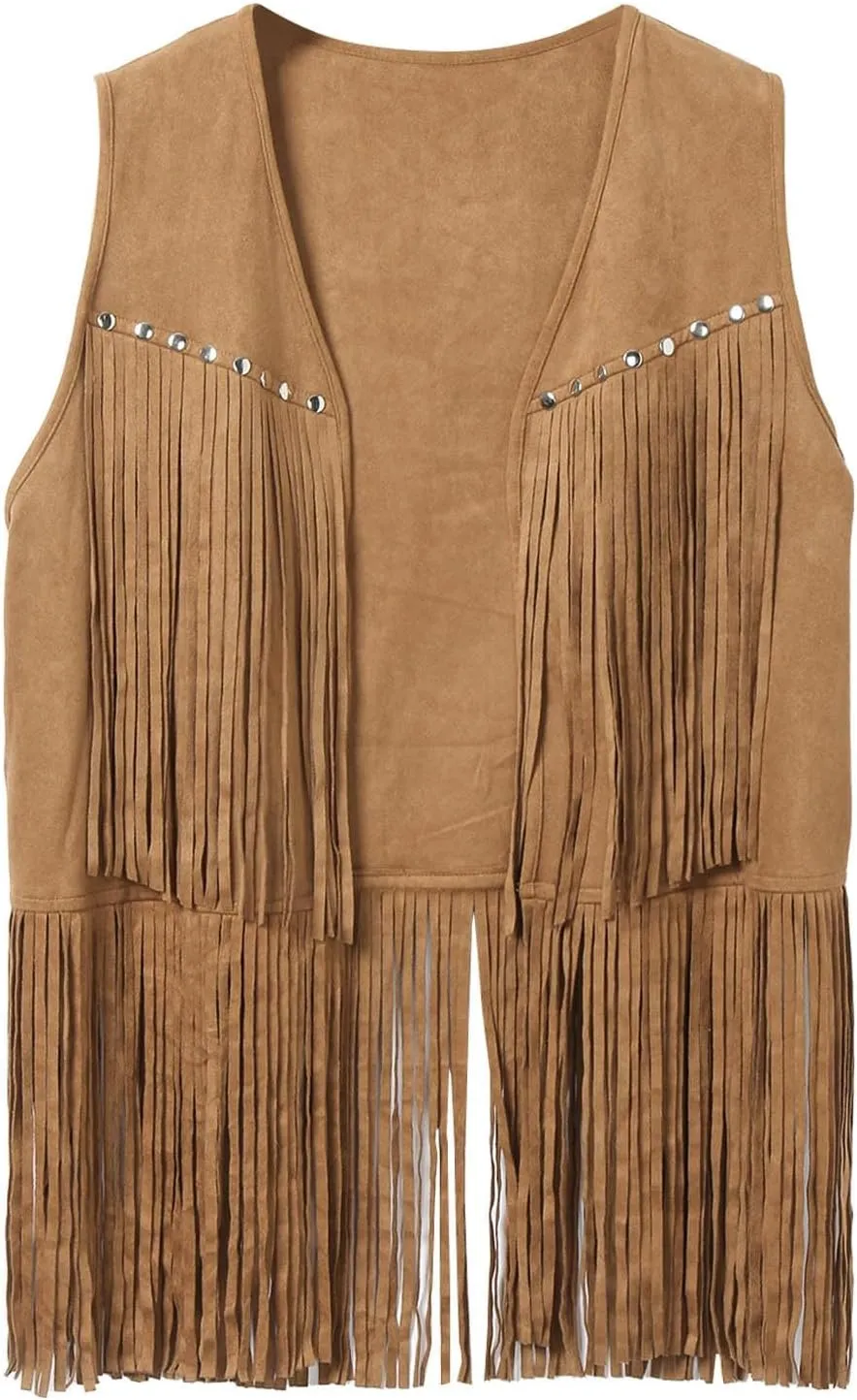 Men's Faux Suede Vest V Neck Fringe Sleeveless Western Cowboy Open Front Vest Party Club Waistcoat Jacket Tops