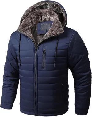 Men's Fleece Lined Hooded Puffer Jacket Packable Winter Down Coat Cotton Padded Warm Jackets with Zipper Pockets