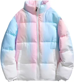 Men's Gradient Puffer Jacket Winter Warm Down Coats Stand Collar Cotton Padded Waterproof Outerwear with Pockets