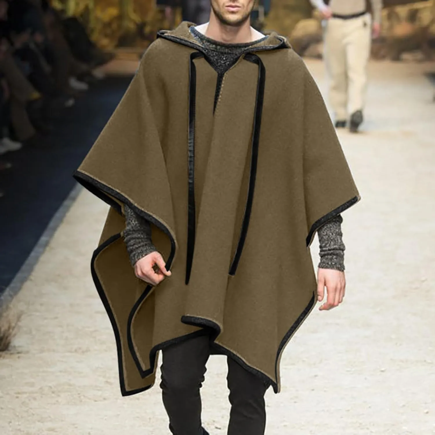 Men's Hooded Poncho Cape Cloak Fashion Hoodie Pullover with Pocket Trend Outdoor Casual Long Coats Windbreaker