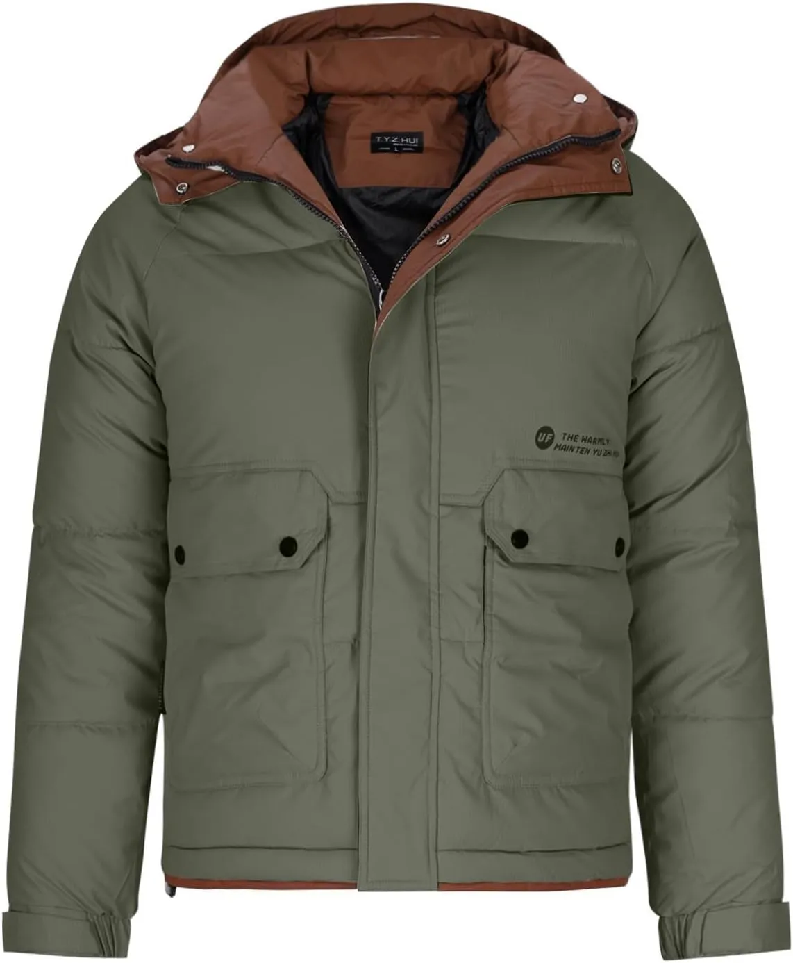 Mens Hooded Puffer Jacket Waterproof Down Coats Winter Warm Cotton Padded Bubble Coat with Flap Pockets