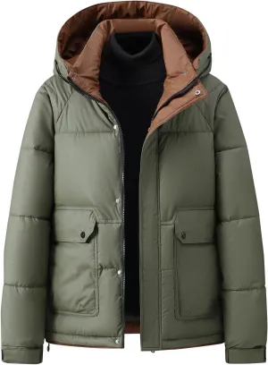 Mens Hooded Puffer Jacket Waterproof Down Coats Winter Warm Cotton Padded Bubble Coat with Flap Pockets