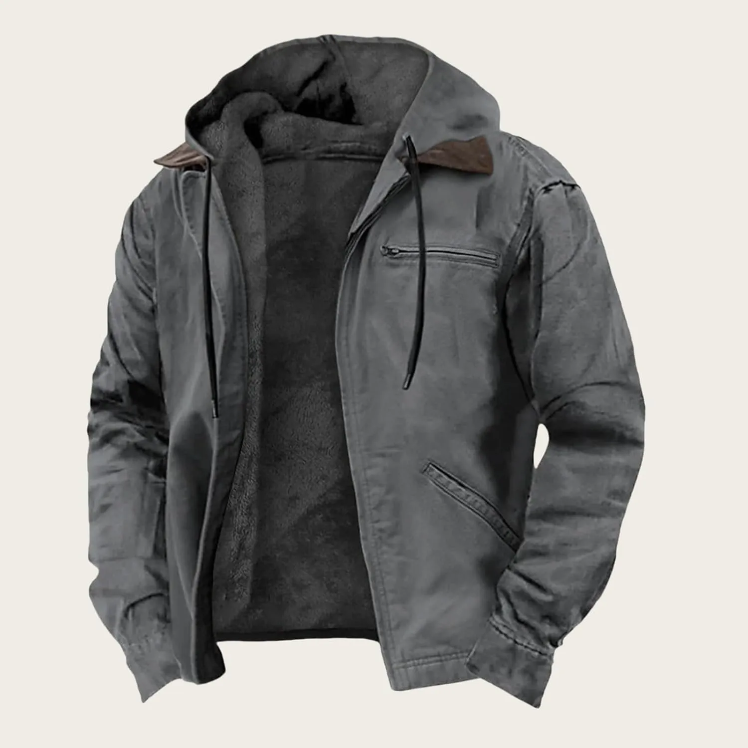 Men's Jacket Padded Velvet Cotton Hoodie Zip Up Long Sleeve Coat Casual Fleece Sherpa Lined Outwear with Pocket