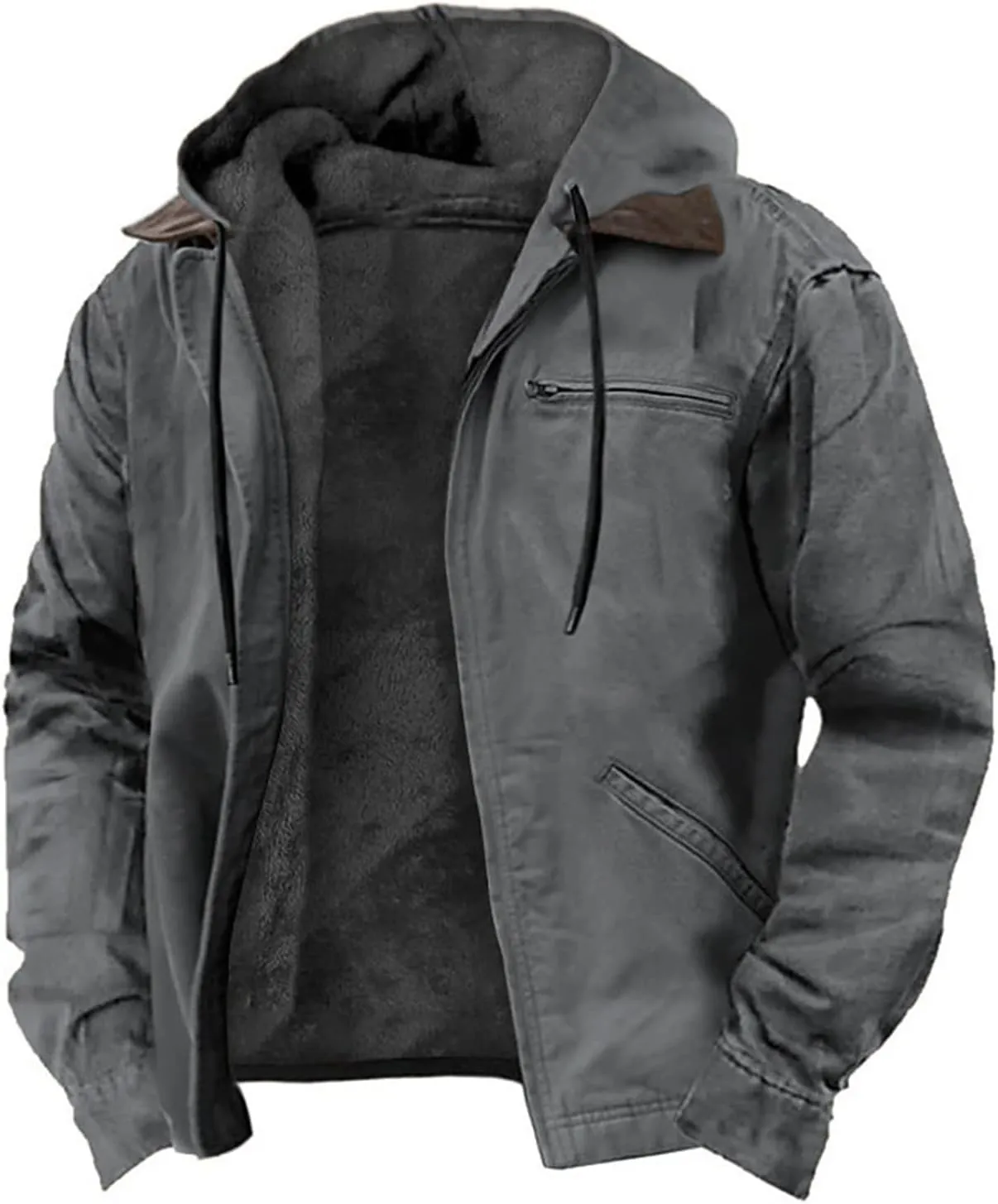 Men's Jacket Padded Velvet Cotton Hoodie Zip Up Long Sleeve Coat Casual Fleece Sherpa Lined Outwear with Pocket