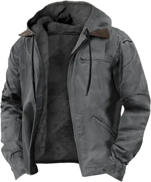 Men's Jacket Padded Velvet Cotton Hoodie Zip Up Long Sleeve Coat Casual Fleece Sherpa Lined Outwear with Pocket